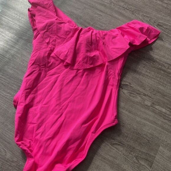 Trina Turk Sz 6 Gypsy Solid Hot Pink One Piece Ruffle Swimsuit - Picture 2 of 3